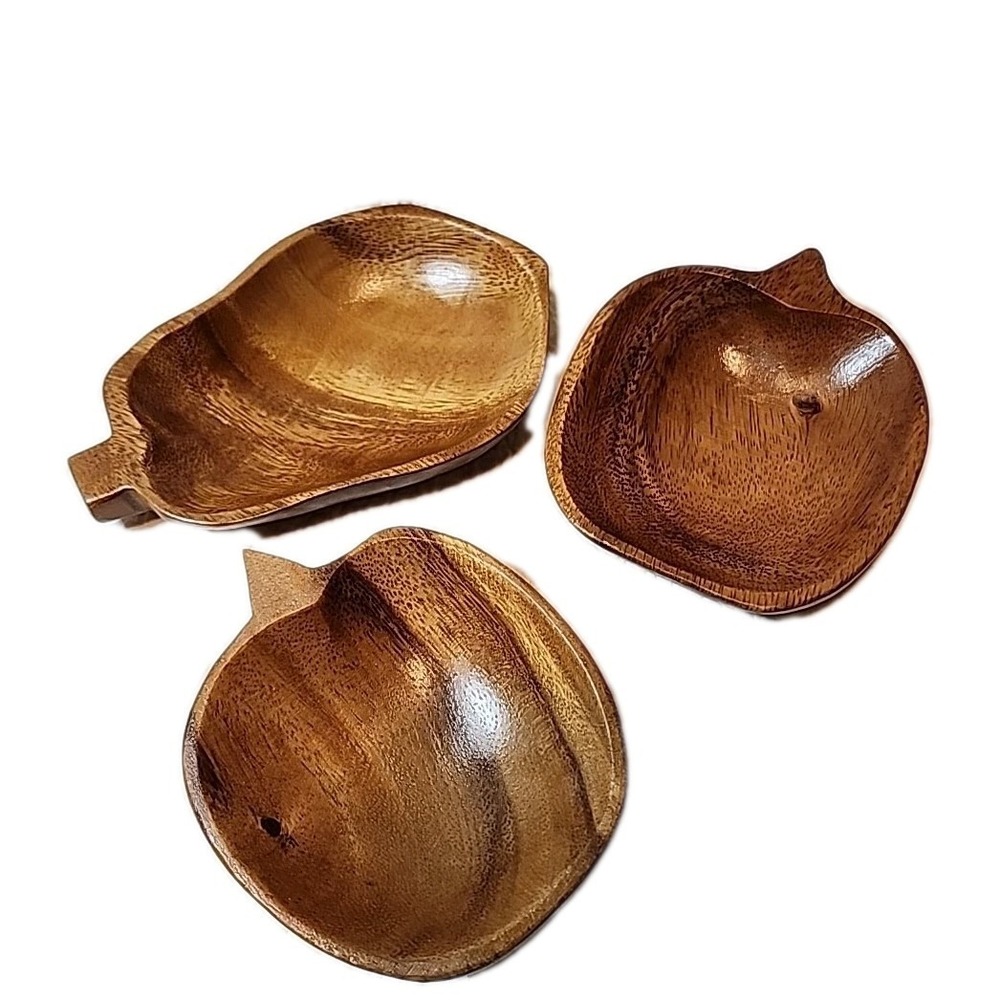 Set Of 3 Small Fruit Shaped Wooden Bowls. Action Brand.  Made In Phillipines.
